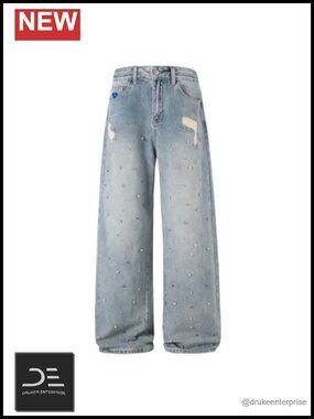 High Waist Wide Leg Rhinestone Jeans Y2K